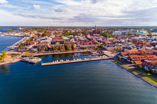 Aerial view of Vastervik city with the harbor and old city, Sweden