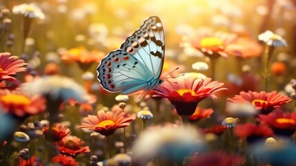 Butterfly with beautiful wild flowers background, Monarch butterflies in autumn blooming asters.