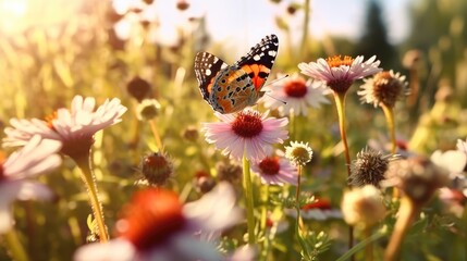 Butterfly with beautiful wild flowers background, Monarch butterflies in autumn blooming asters.