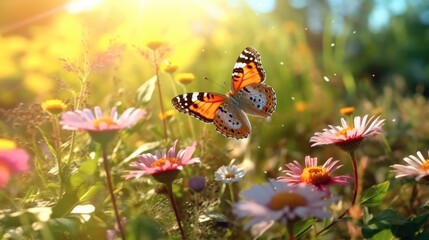 Butterfly in a meadow in nature in the rays of sunlight in summer, Wild flowers.