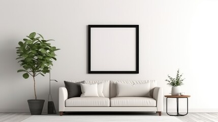 White wall with blank board, Interior poster mockup in living room,Scandinavian style.