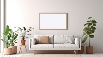 White wall with blank board, Interior poster mockup in living room,Scandinavian style.
