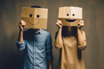 Captivating image of an anonymous couple hiding faces behind cardboard smiley masks, symbolizing the sheer joy of discretion and evoking strong emotions. Generative AI