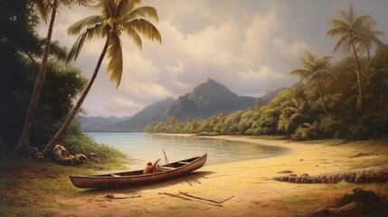 Fototapeta na wymiar Canoe on the tropical sandy beach, A stunning summer landscape perfect for travel and vacation.