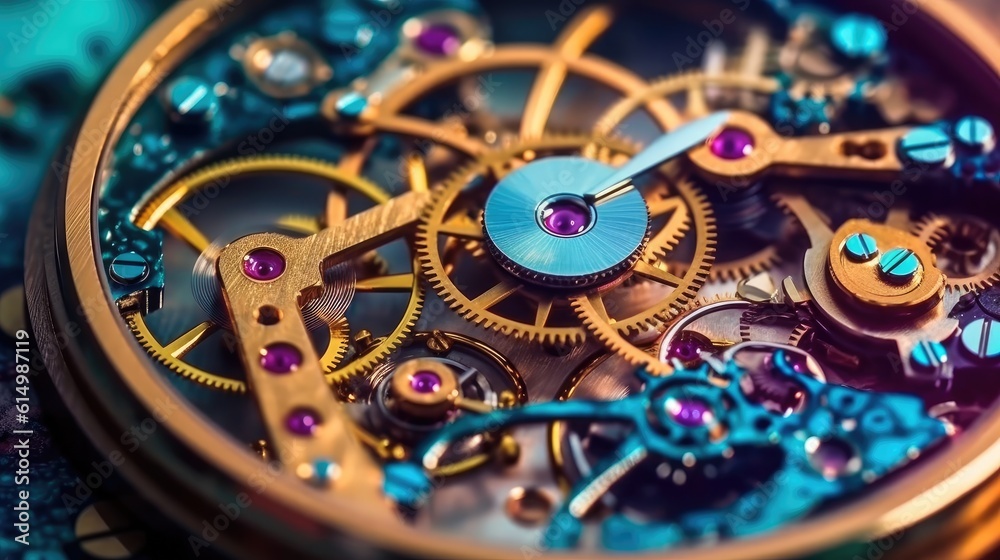 Poster mechanical cogwheels of a watch, gears and cogs in watch mechanism.