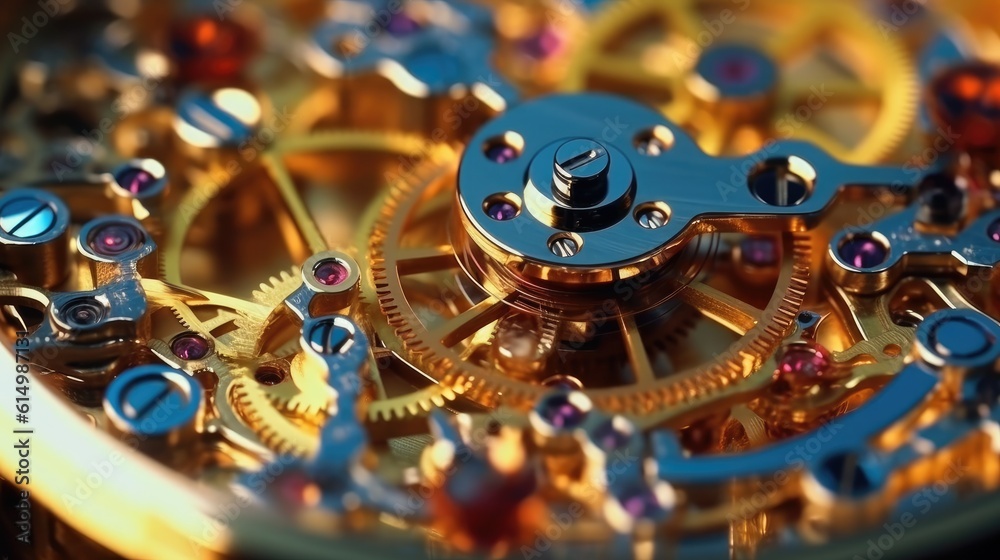 Poster Clock mechanism with gears, Gears and cogs in clockwork watch mechanism, Craft and precision.