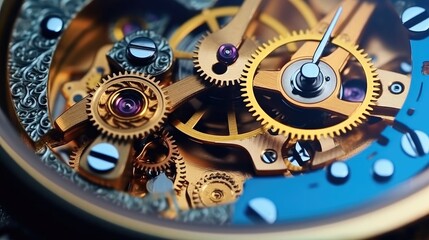Clock mechanism with gears, Gears and cogs in clockwork watch mechanism, Craft and precision.