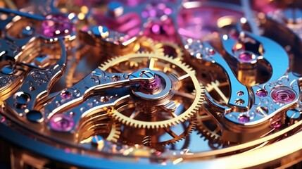Fototapeta na wymiar Clock mechanism with gears, Gears and cogs in clockwork watch mechanism, Craft and precision.