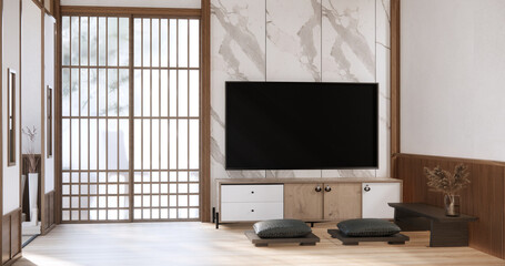 Japandi style living empty room with decorated minimalist and tv cabinet.