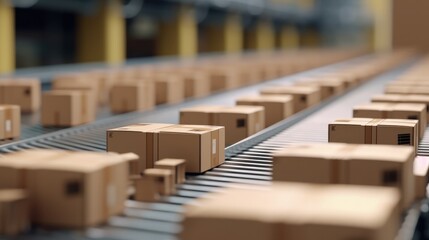 Cardboard boxes on conveyor belt in a warehouse fulfillment center, E-commerce, Delivery.
