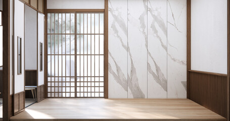 Japan style empty room decorated with white wall and wood slat wall