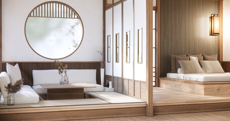 Japan style empty room decorated with floor and wall wooden .