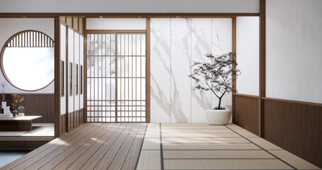 Japan style empty room decorated with white wall and wood slat wall