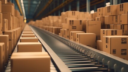 Fototapeta premium Cardboard Box at Logistics Factory's Conveyor Belt..