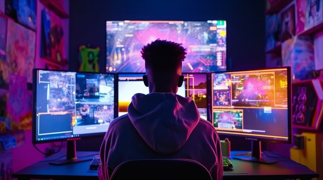 Young black gamer is immersed in computer games with bright neon lighting. Generative AI