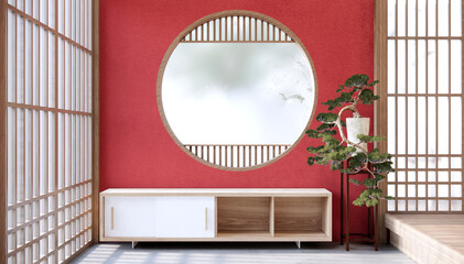 interior, Cabinet shelves on red wall design room with decoration ,lamp,plants,carpet,arm chair.