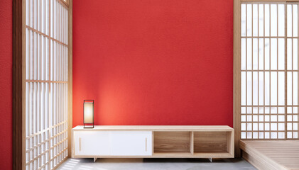 interior, Cabinet shelves on red wall design room with decoration ,lamp,plants,carpet,arm chair.