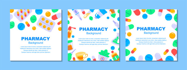 Set of pharmacy backgrounds. Pills and drugs design. Medicine flat vector illustration