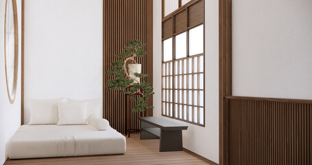 Modern japan style bedroom decorated and minimalist bed.