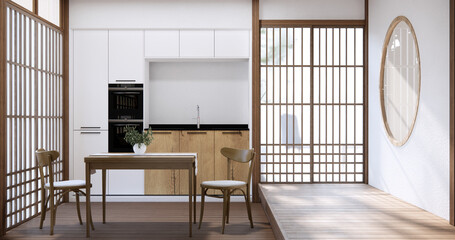 Modern japan style kitchen room and dining table on wood floor.