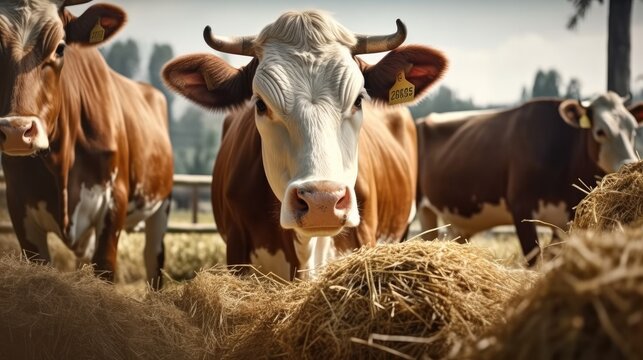 Cows eating hay in a farm barn.