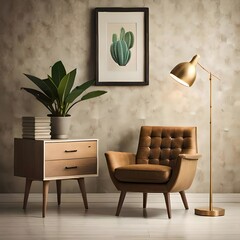 Retro interior design of living room with stylish vintage chair and table, plants, cacti, personal accessories and gold mockup poster frame on the beige wall. Elegant home decor. Generative AI