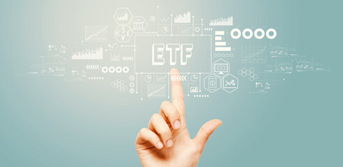 ETF theme with hand pressing a button on a technology screen
