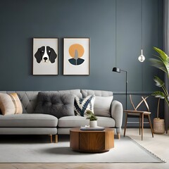 modern living room with sofa, grey color wall painted with a photo frame hanging with plant and light on the side. Generative AI 