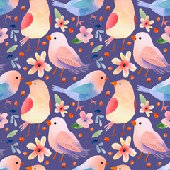 Seamless pattern of purple and pink birds and flowers in watercolor style. Watercolor seamless print on purple background for packaging or textiles. Watercolor illustrations generated ai