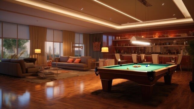 Snooker game room, Interior design with pool table and amazing light.
