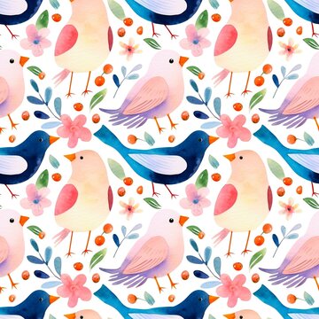 Seamless pattern of purple and pink birds and flowers in watercolor style. Watercolor seamless print for packaging or textiles. Watercolor illustrations generated ai