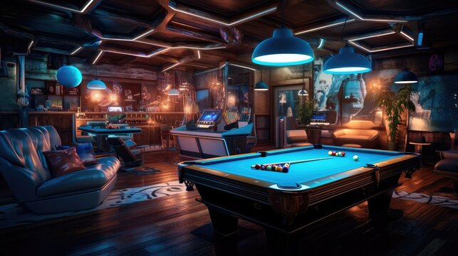 Snooker game room, Interior design with pool table and amazing light.