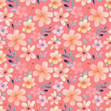 Seamless pattern yellow and blue flowers in watercolor style. Watercolor seamless print on pink background for packaging or textiles. Watercolor illustrations generated ai