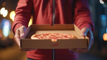 Hands holding a pizza box. Pizza is ready for delivery. Generative AI