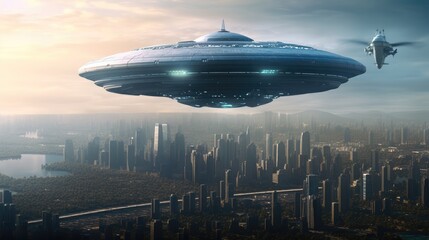 Fototapeta na wymiar Giant alien ship over city, invasion sci fi concept.