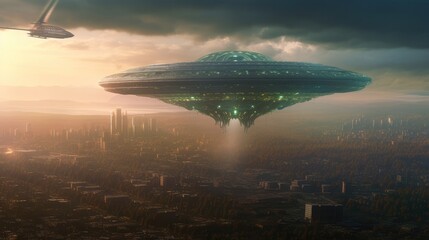 Giant alien ship over city, Large flying Saucer, Visual effect element, invasion sci fi concept, Engine thrust. - obrazy, fototapety, plakaty