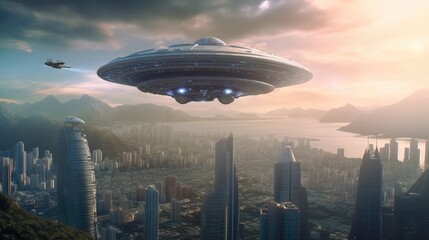 Fototapeta na wymiar Giant alien ship over city, Large flying Saucer, Visual effect element, invasion sci fi concept, Engine thrust.