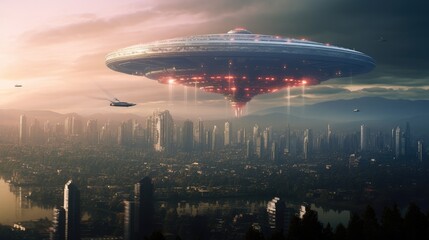 Naklejka na ściany i meble Giant alien ship over city, invasion sci fi concept.