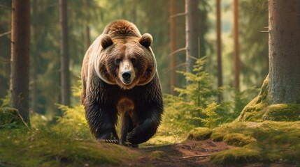 Portrait of a big brown bear, Grizzly brown bear walking in forest.