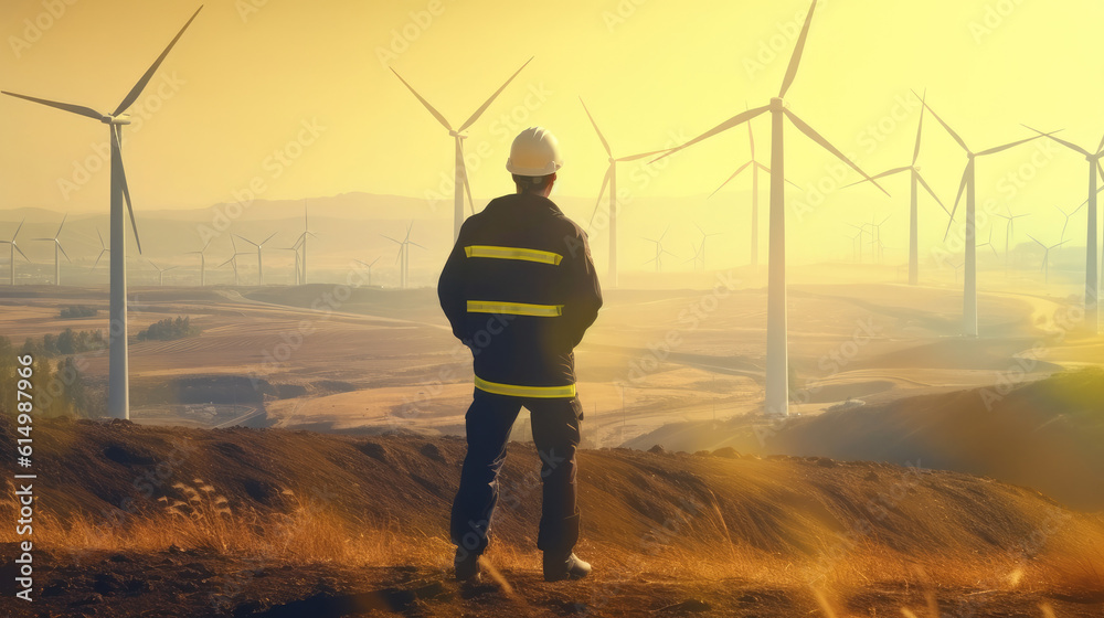 Poster Engineer looking and checking wind turbines at field. View from behind.