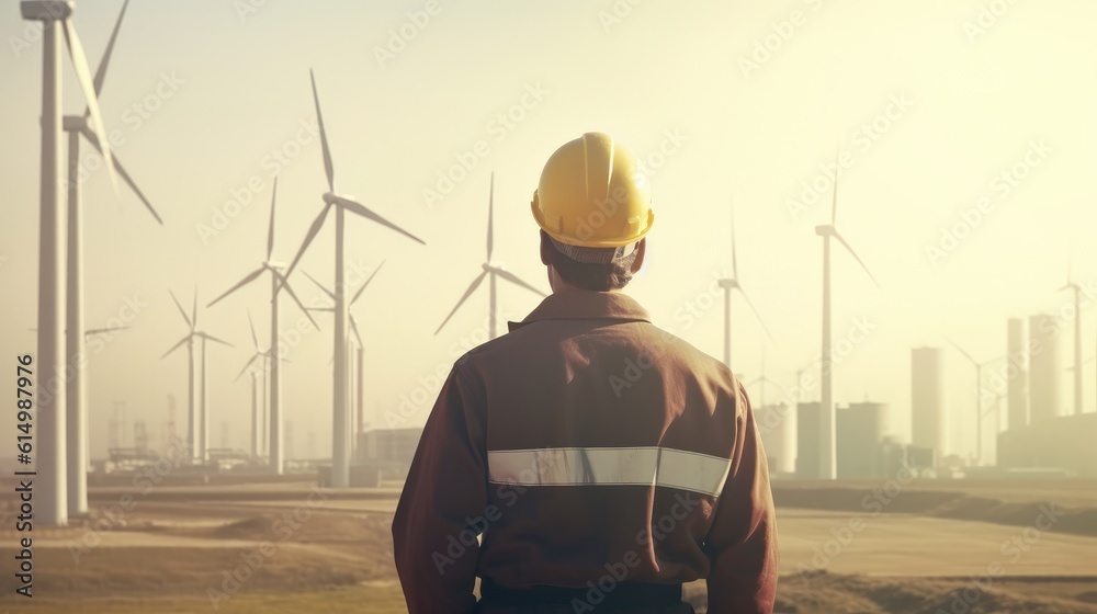 Poster Engineer looking and checking wind turbines at field. View from behind.
