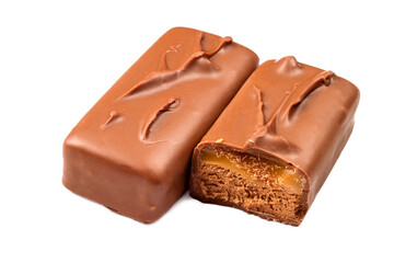 A whole and half chocolate bar on a white background. Chocolate bars with filling.
