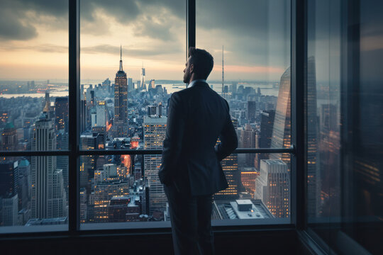 Back view of a businessman overlooking the cityscape of the city, Generative AI