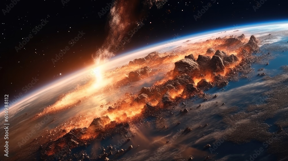Poster large asteroid impacting earth, an impact this large would result in the extinction of most all life