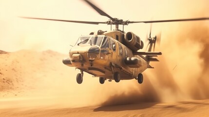 Army helicopter landing in desert with full of sand around, Military helicopter in active combat zone.