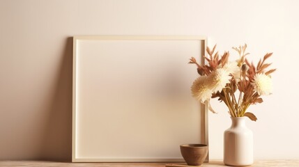 vase beside an empty white frame for a picture background mockup in soft cream colour interior design generative ai 