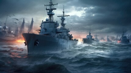Naklejka premium War concept, Battle scene at sea, Naval warships, Boats in an active combat zone, Battleships in the navy, Military at sea.