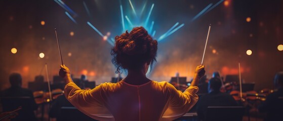 A young woman confidently leads an orchestra with a baton. Concept of musical talent. Generative AI
