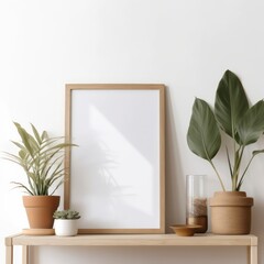 vase beside an empty white frame for a picture background mockup interior design generative ai 
