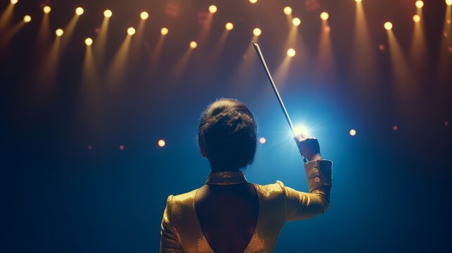 A young woman confidently leads an orchestra with a baton. Concept of musical talent. Generative AI